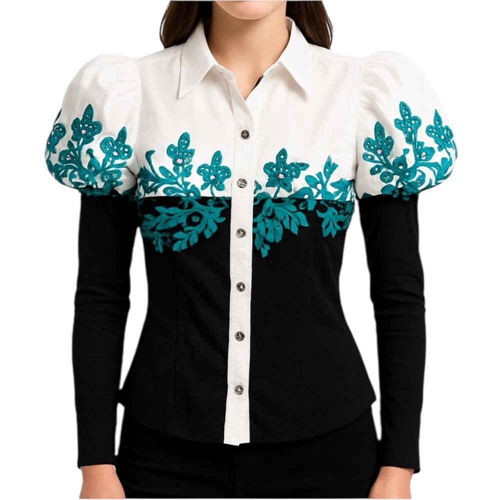 VDP Beaded Puff Sleeve Stretch Top